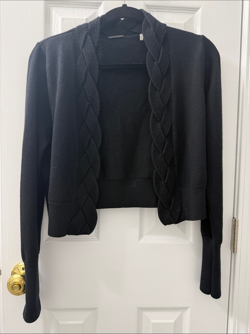 Eli Tahari Merino Wool Open-Front Cable Trim Shrug Sweater